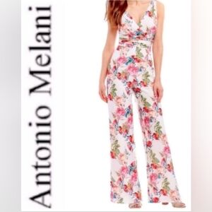 ANTONIO MELANI White & Pink Floral Jumpsuit w/ V-Neckline, Ruching @ Waist,Sz:4